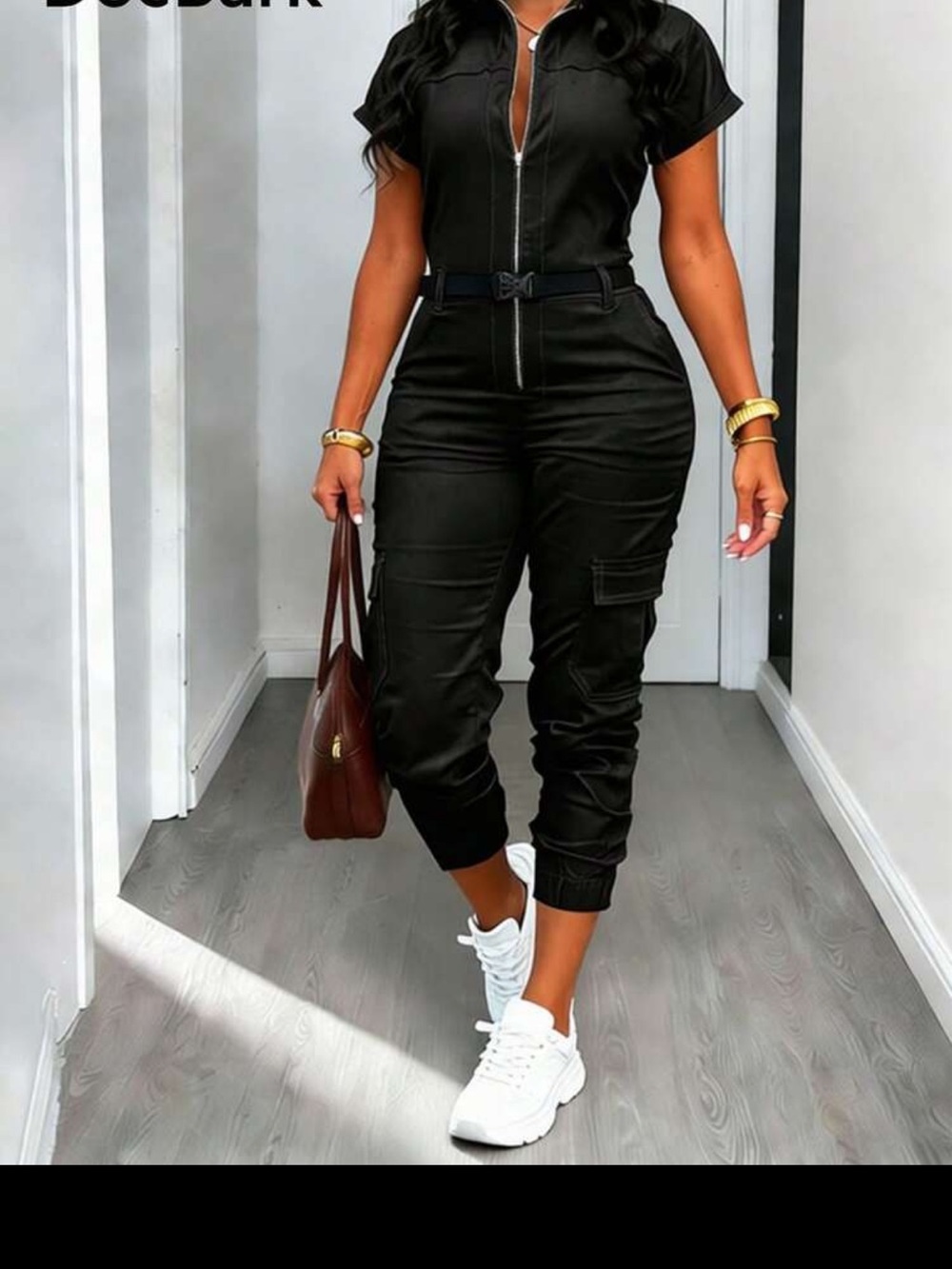 SHEIN Black Zip-Front Cargo Jumpsuit with Belt